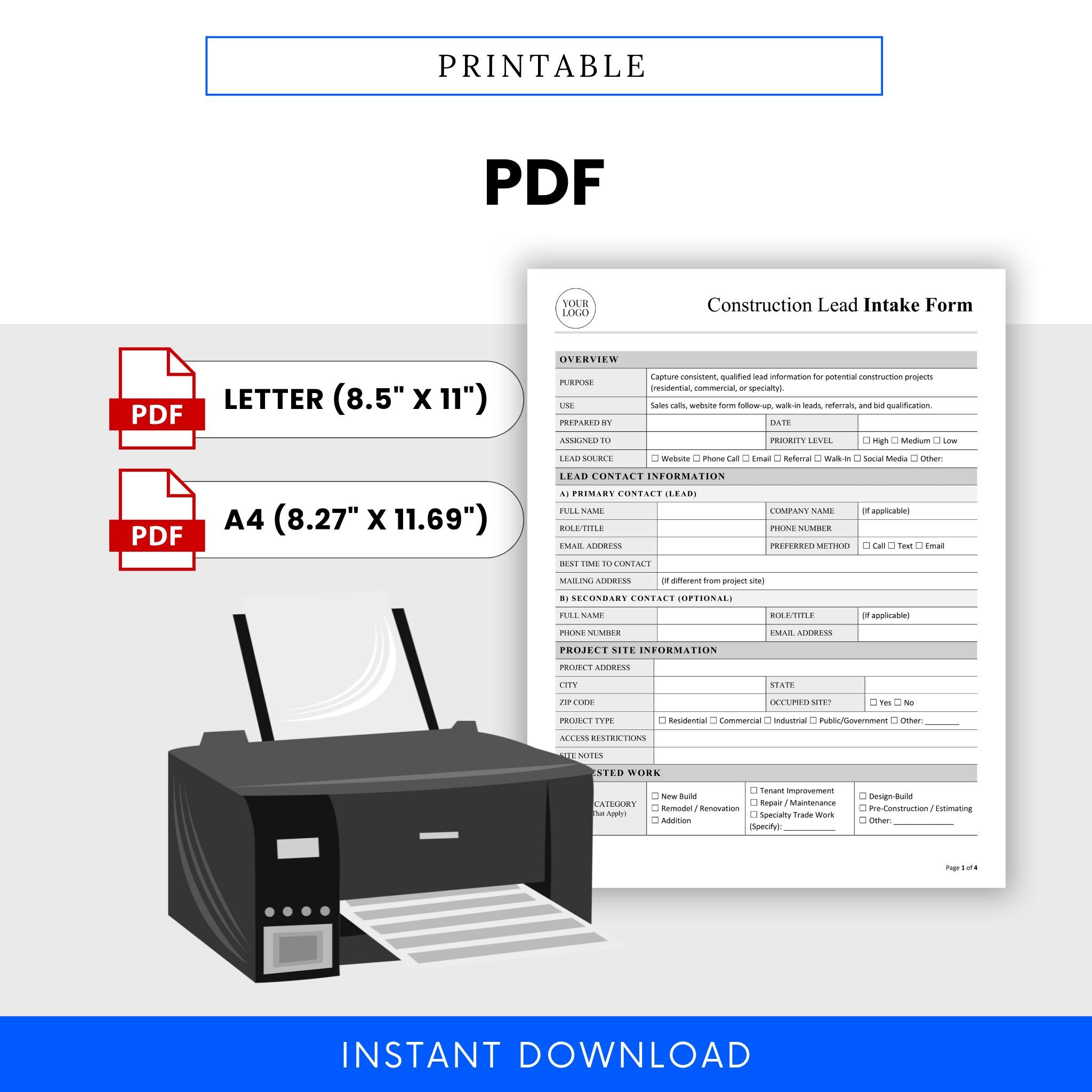 Construction Lead Intake Form Template – Word & PDF, A4 + US Letter - Etsy