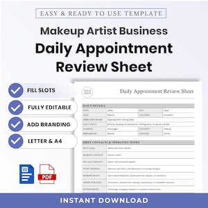 Makeup Artist Business Daily Appointment Review Sheet Template – Editable Word + PDF (A4, US Letter)