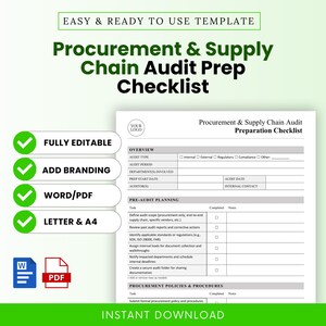 May include: A green and white checklist template titled "Procurement & Supply Chain Audit Prep Checklist." The document includes sections for audit type, period, and pre-audit planning. Features include "Fully Editable," "Add Branding," and "Word/PDF."