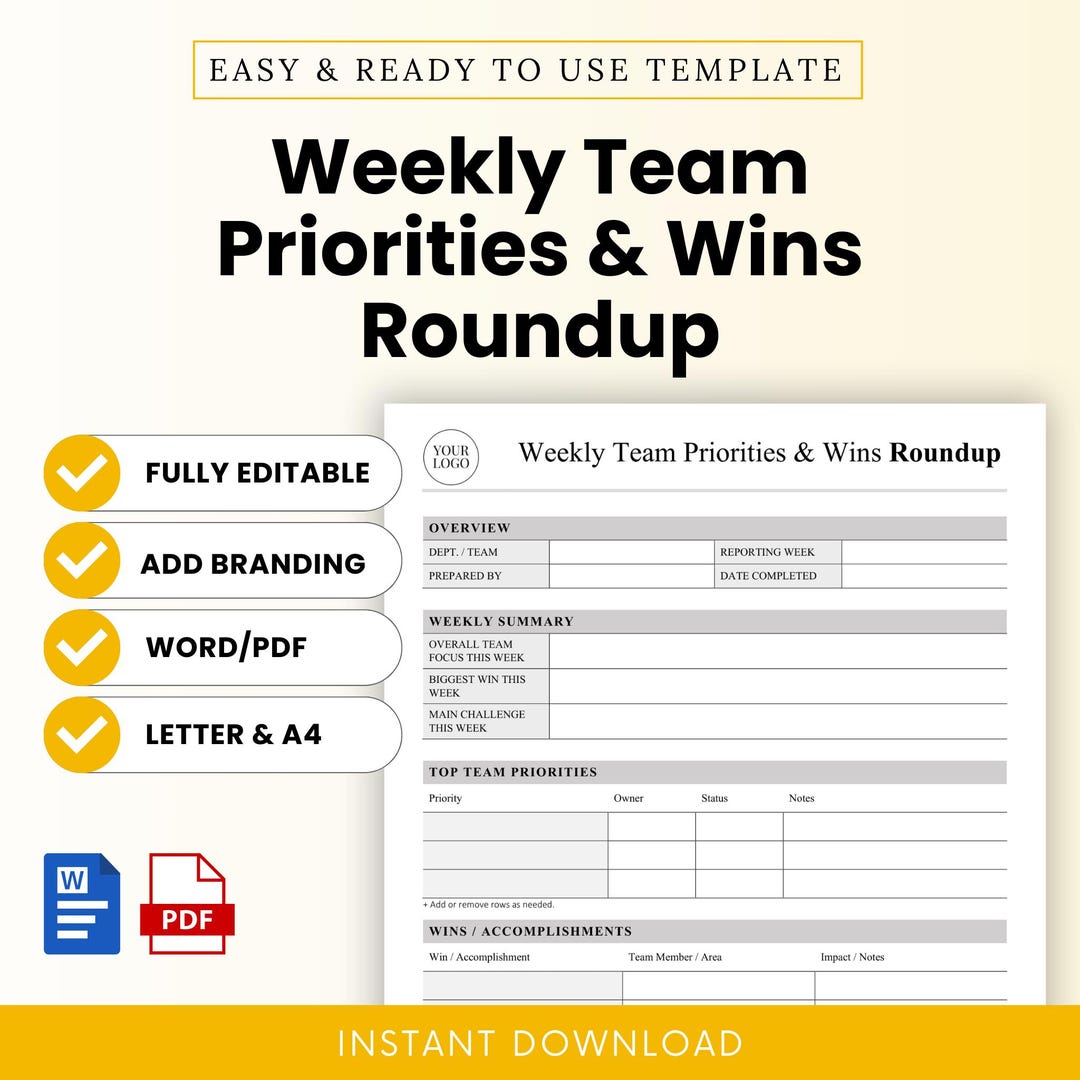Weekly Team Priorities and Wins Roundup Template – Word & PDF, A4 + US ...
