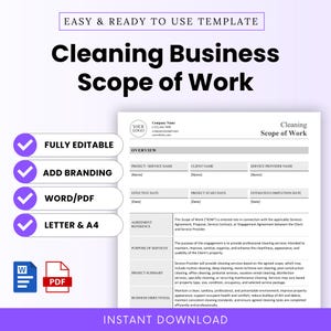 Op de afbeelding: Een digitaal sjabloon voor een document met de werkingssfeer van een schoonmaakbedrijf. De lay-out bevat secties voor projectdetails, contractreferenties, doel van de diensten, projectsamenvatting en bedrijfsdoelstellingen. Bewerkbaar in Word of PDF.