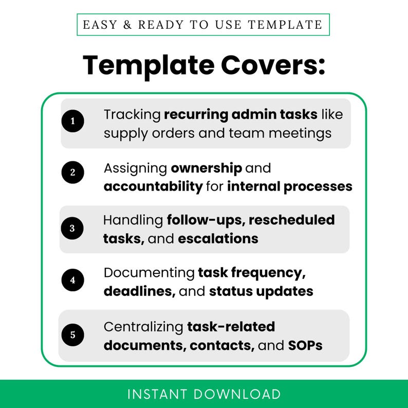 Infographic showing five practical use cases for the Admin Task Tracker template, such as tracking recurring tasks, assigning ownership, and handling follow-ups.
