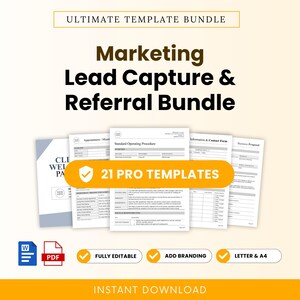 May include: A digital marketing lead capture and referral bundle featuring 21 pro templates. The document set includes standard operating procedures, contact forms, and business proposals in Word and PDF formats, compatible with letter and A4 sizes.