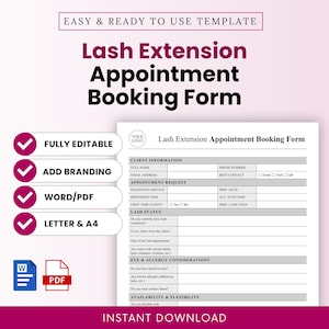 Lash Extension Appointment Booking Form Template – Word & PDF, A4 + US Letter