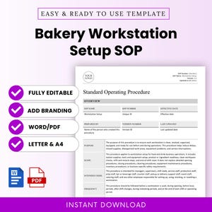 Op de afbeelding: Een digitaal sjabloon voor een standaardwerkinstructie voor een bakkerijwerkstation met secties voor overzicht, doel, reikwijdte, gebruikers en frequentie. Bevat tijdelijke aanduidingen voor branding en is beschikbaar in Word- en PDF-formaat.