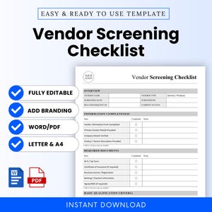 Könnte beinhalten: Eine Vorlagen-Checkliste zur Lieferantenprüfung mit dem Text "Vendor Screening Checklist" in fetter schwarzer Schrift. Die Checkliste enthält Abschnitte für Lieferanteninformationen, erforderliche Dokumente und grundlegende Qualifikationskriterien. Die Vorlage ist vollständig editierbar, ermöglicht Branding und ist in Word/PDF-Formaten sowie in den Größen Letter und A4 verfügbar.