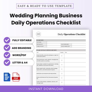 Op de afbeelding: Een digitaal sjabloon voor een dagelijkse checklist voor de bedrijfsvoering van een trouwplanner. Het document bevat secties voor overzicht, locatie en een start-van-de-dag kantoorbeoordeling met kolommen voor taken, voltooiing en notities.