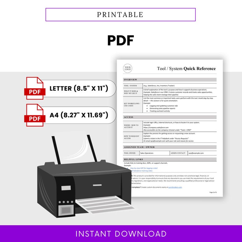 Printable version of the quick reference template in PDF, ready for office use. Includes dimensions for Letter and A4 sizes and a clean, easy-to-read layout.