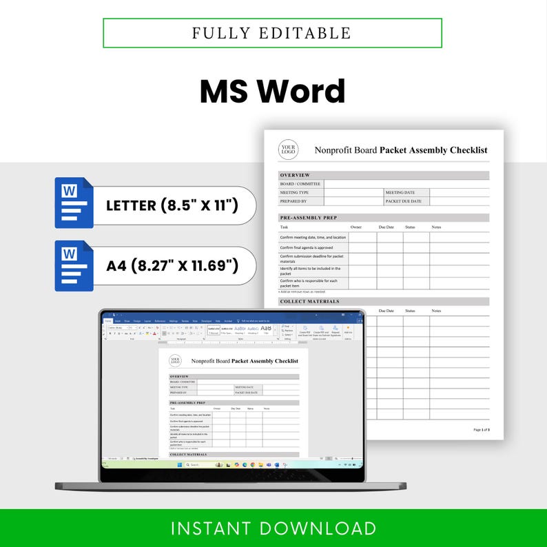Nonprofit Board Packet Assembly Checklist Template – Word & PDF, A4 ...