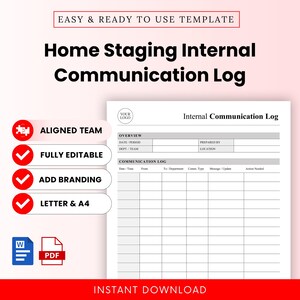Pode incluir: Um modelo digital para um registo de comunicação interna de home staging. O documento inclui secções para resumo, data, período, preparado por, departamento/equipa, localização e uma tabela de registo de comunicação com colunas para data/hora, de, para/departamento, tipo de comunicação, mensagem/atualização e ação necessária. Inclui ícones Word e PDF.