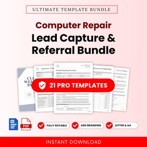 以下が含まれることがあります： Ultimate Template Bundle、Computer Repair Lead Capture & Referral Bundleというタイトルのデジタルドキュメントセット。21種類のプロフェッショナルテンプレートが含まれています。予約、標準作業手順書、連絡先情報、ビジネス提案書用のフォームが記載されています。