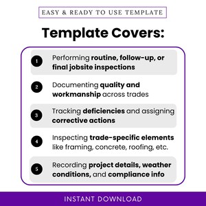 Graphic showing five use case scenarios for the inspection form: jobsite inspections, tracking deficiencies, documenting workmanship, inspecting trades, and recording project conditions.