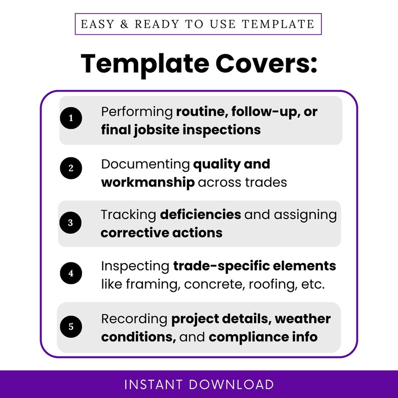 Graphic showing five use case scenarios for the inspection form: jobsite inspections, tracking deficiencies, documenting workmanship, inspecting trades, and recording project conditions.