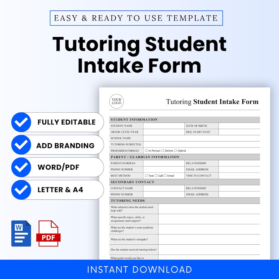 Tutoring Student Intake Form Template – Word & PDF, A4 + US Letter - Etsy