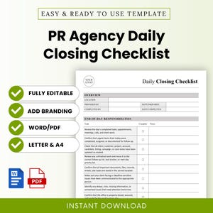 Könnte beinhalten: Eine PR-Agentur-Checkliste für den täglichen Arbeitsschluss als Vorlage, bestehend aus einem weißen Dokument mit schwarzem Text, inklusive Abschnitten für Übersicht und Tagesabschlussaufgaben, grünen Häkchen-Symbolen sowie Datei-Icons.