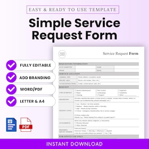 Puede incluir: Una plantilla de formulario de solicitud de servicio simple con un diseño limpio. El formulario incluye secciones para la información del solicitante, la ubicación del servicio y los detalles de la solicitud. Incluye campos totalmente editables, opciones de marca y formatos Word/PDF. Disponible en tamaños Carta y A4.