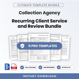Peut inclure: Un ensemble de modèles numériques pour agences de recouvrement comprenant 11 modèles professionnels, dont un calendrier de service récurrent et un suivi d'examen. Les documents sont entièrement modifiables, personnalisables et au format A4.
