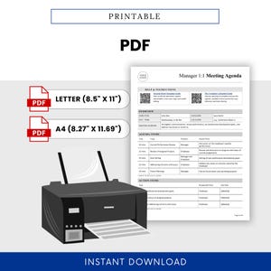 Print-ready version of the template shown with a home office printer, highlighting instant download availability in standard document sizes.