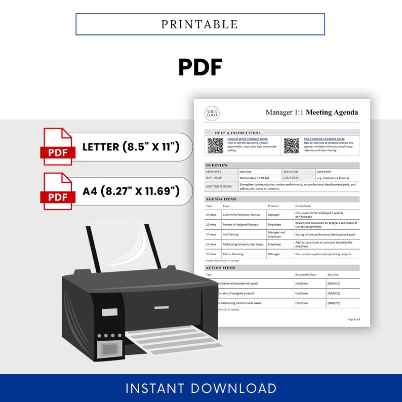 Print-ready version of the template shown with a home office printer, highlighting instant download availability in standard document sizes.
