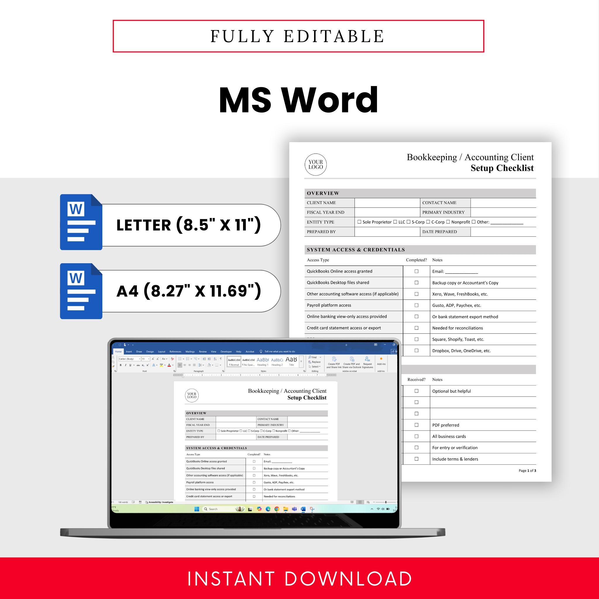 Bookkeeping / Accounting Client Setup Checklist Template – Word & PDF ...