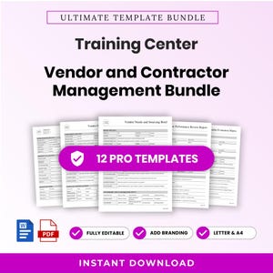 Op de afbeelding: Een digitaal pakket getiteld Ultimate Template Bundle, Training Center, Vendor and Contractor Management Bundle. Het bevat 12 professionele sjablonen, volledig bewerkbaar, aanpasbaar, in Letter- en A4-formaten, met Word- en PDF-pictogrammen.