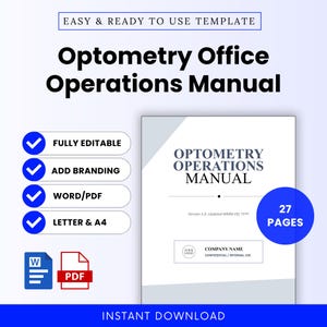 Może przedstawiać: Szablon instrukcji obsługi gabinetu optometrycznego składający się z 27 stron. Dokument zawiera pola tekstowe na nazwę firmy, wersję i datę. Kompatybilny z formatami Word i PDF, w pełni edytowalny, dostępny w rozmiarach Letter i A4.