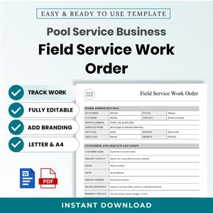 Pode incluir: Um modelo digital para uma ordem de serviço de manutenção de piscinas. O documento inclui seções para detalhes do pedido, informações do cliente e local de serviço. Apresenta ícones para formatos Word e PDF, com texto indicando que é editável, personalizável e disponível nos tamanhos Letter e A4.