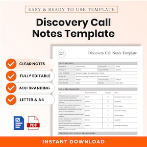 May include: A digital Discovery Call Notes Template document featuring sections for call details, preparation, and participants. The layout includes fields for prospect, contact, and call purpose. Icons for Word and PDF formats are visible.