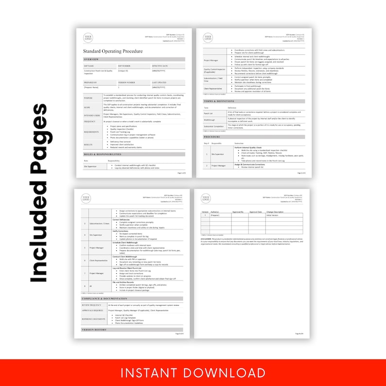 Visual preview of all four SOP pages showing layout and contents, including roles, procedures, compliance documentation, and a version control table for construction project closeouts.