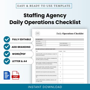 Puede incluir: Una plantilla digital de lista de verificación de operaciones diarias para agencias de personal con secciones para resumen, ubicación y tareas de inicio de jornada. Incluye casillas de verificación, notas y formatos Word y PDF.