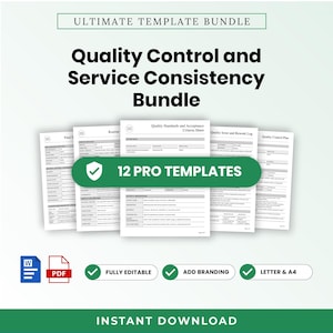 May include: A digital template bundle featuring the text Ultimate Template Bundle, Quality Control and Service Consistency Bundle, and 12 Pro Templates. The document set includes various forms for quality standards, issue logs, and control plans.