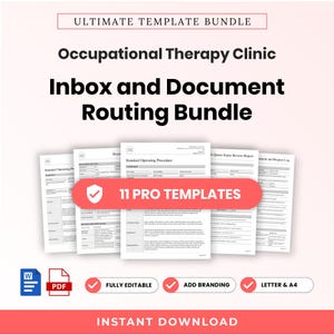 Puede incluir: Ultimate Template Bundle para clínica de terapia ocupacional, que incluye un paquete de bandeja de entrada y enrutamiento de documentos. Contiene 11 plantillas profesionales, totalmente editables, con opciones de marca, en tamaños Letter y A4, en Word y PDF.