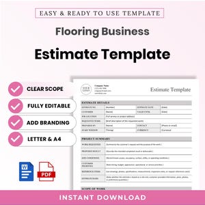 Peut inclure: Un modèle numérique de devis pour entreprise de revêtement de sol comprenant des sections pour les détails du devis, le résumé du projet et la portée des travaux. Le document inclut des espaces pour les informations de l'entreprise et du client.