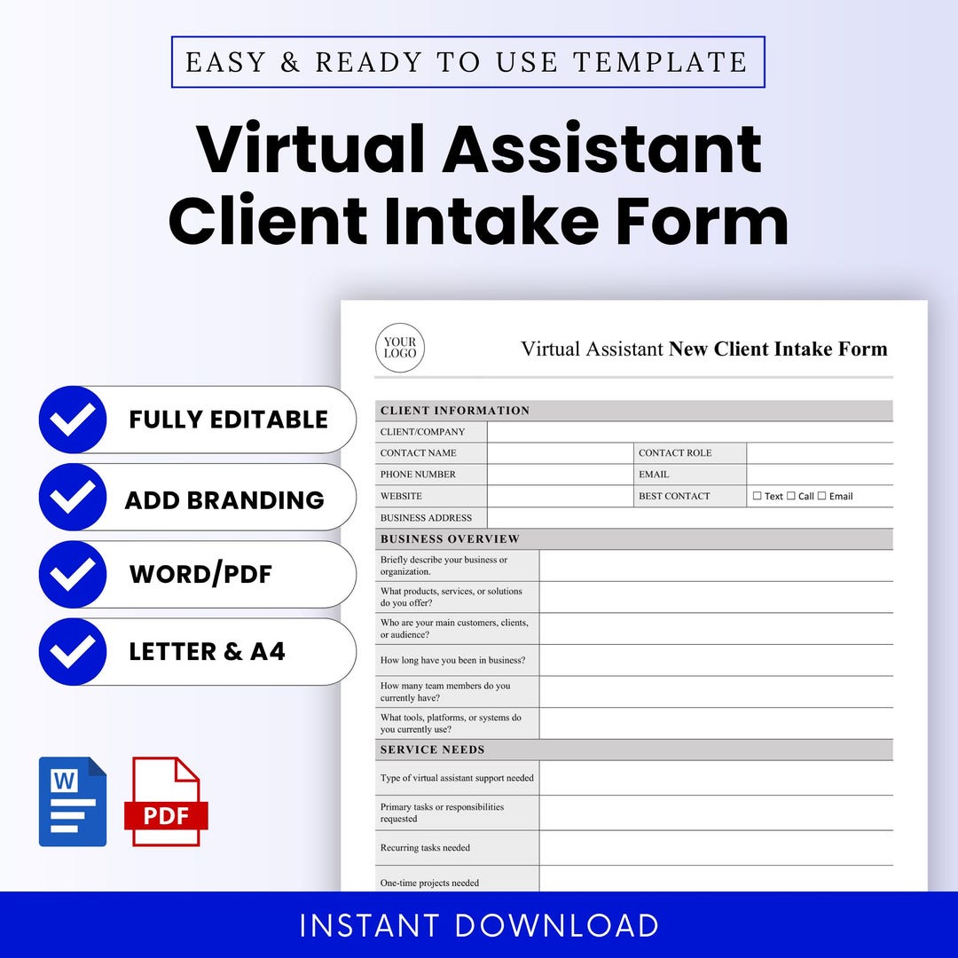 Free Virtual Assistant Intake Template.pdf Virtual Assistant Client Intake Form Template – Word & PDF, A4 + US ...