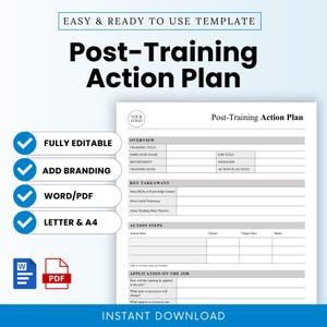 Può includere: Un modello di Piano d'Azione Post-Formazione bianco con segni di spunta blu e testo. Il modello include sezioni per la panoramica, i punti chiave, le fasi di azione e l'applicazione sul lavoro. Sono visibili anche le parole "EASY & READY TO USE TEMPLATE" e "INSTANT DOWNLOAD".
