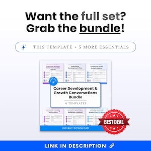 Simple Career Development & Growth Conversations Bundle Template preview promoting the full set of six editable employee development templates. This Career Development and Growth Conversations Template bundle is ideal for managers, small businesses, and HR professionals who want Word and PDF templates for structured employee growth planning, feedback, and career development conversations.