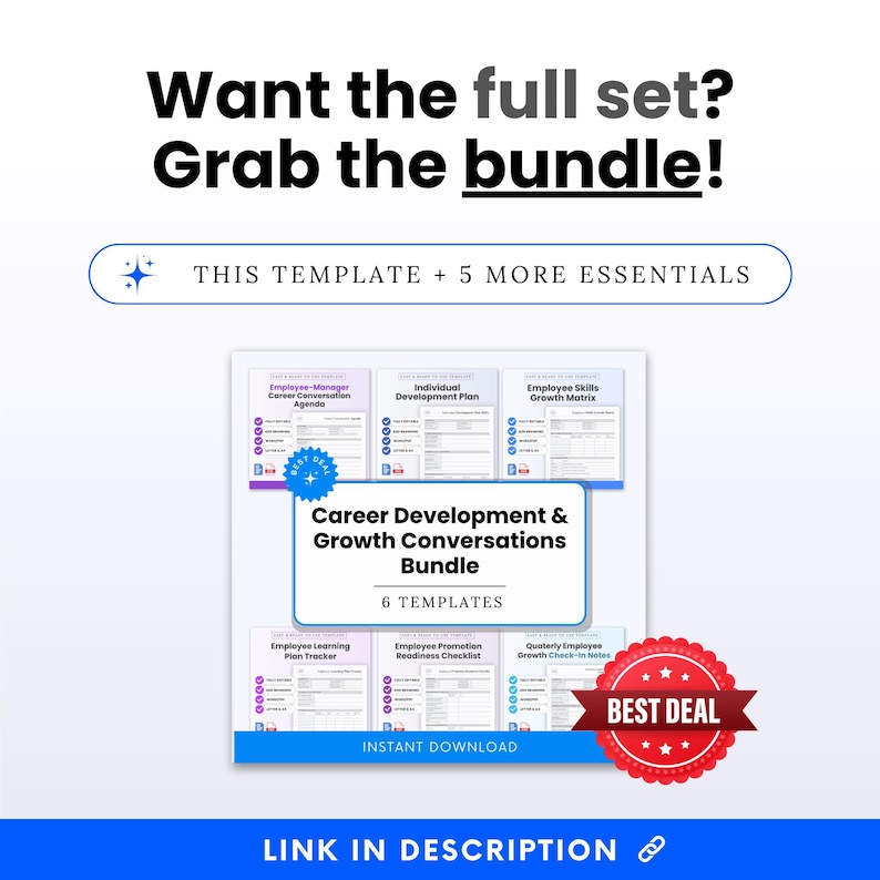 Simple Career Development & Growth Conversations Bundle Template preview promoting the full set of six editable employee development templates. This Career Development and Growth Conversations Template bundle is ideal for managers, small businesses, and HR professionals who want Word and PDF templates for structured employee growth planning, feedback, and career development conversations.