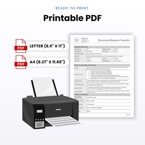 Printable PDF Document Request Checklist with a visible Letter-size page preview; printable PDF files are included in both US Letter and A4 sizes.