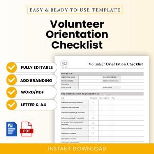 Puede incluir: Una plantilla digital de lista de verificación para la orientación de voluntarios con secciones de resumen y requisitos previos. El documento incluye campos para nombre, rol y fecha. Es totalmente editable, compatible con Word y PDF, y está disponible en tamaños carta y A4.