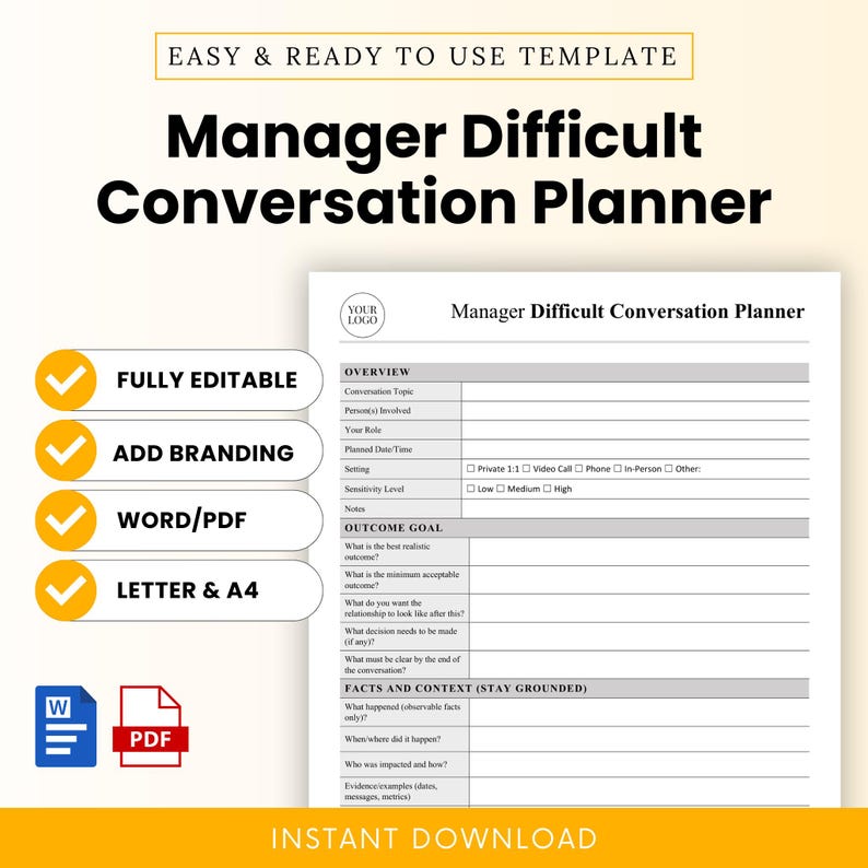 Manager Conversation Form Manager Difficult Conversation Planner Template – Word & PDF, A4 + US ...