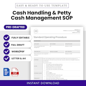 Könnte beinhalten: Eine schwarz-weiße druckbare Vorlage für eine Standardarbeitsanweisung (SOP) für die Bargeldabwicklung und die Verwaltung von Kleingeld. Die Vorlage enthält Abschnitte für den SOP-Namen, die Nummer, das Datum des Inkrafttretens, erstellt von, Versionsnummer, zuletzt aktualisiert, Zweck, Umfang, vorgesehene Benutzer und Häufigkeit. Die Vorlage ist vollständig editierbar und in den Formaten Word und PDF verfügbar.