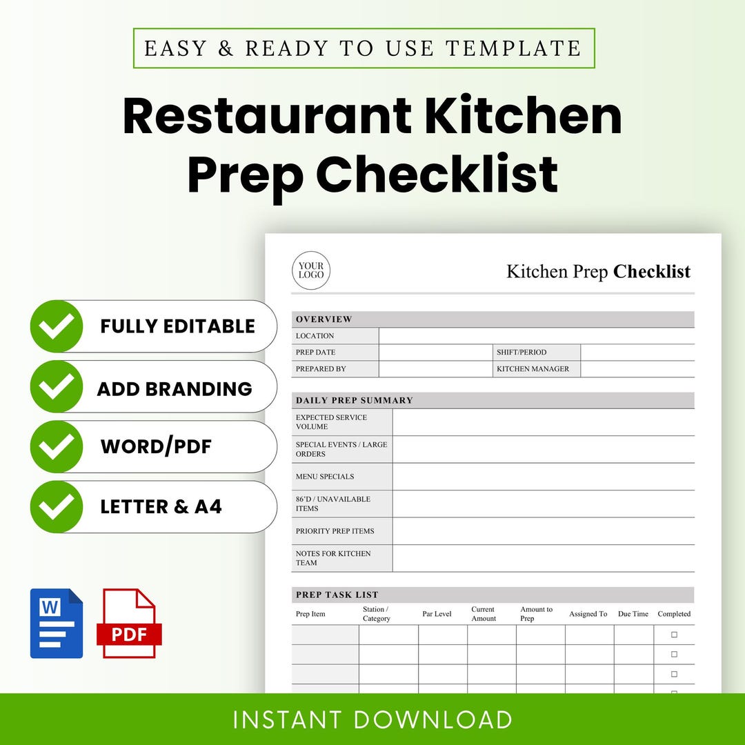 Restaurant Kitchen Prep Checklist Template – Word & PDF, A4 + US Letter ...