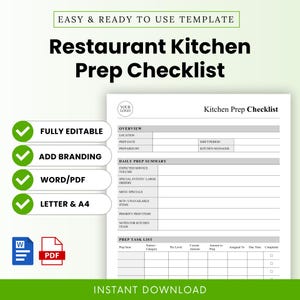 Może przedstawiać: Biały szablon listy kontrolnej przygotowania kuchni restauracyjnej z czarnym tekstem "Restaurant Kitchen Prep Checklist". Szablon zawiera sekcje dla przeglądu, podsumowania codziennego przygotowania i listy zadań przygotowawczych.