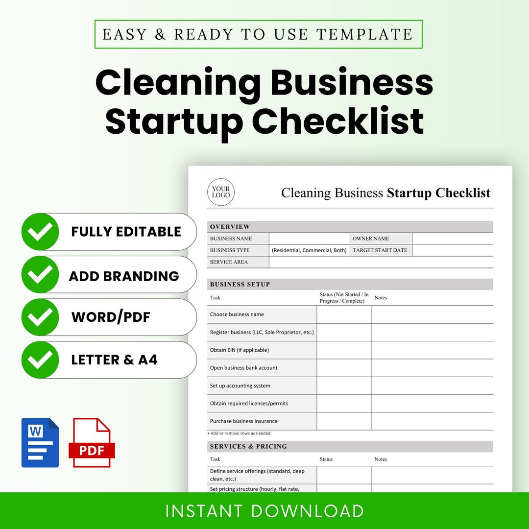 Cleaning Business Startup Checklist Template – Word & PDF, A4 + US