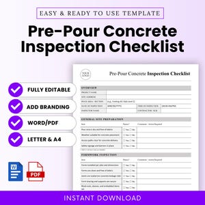 May include: A pre-pour concrete inspection checklist template with the title "Pre-Pour Concrete Inspection Checklist" in bold black font. The checklist includes sections for overview, general site preparation, and formwork inspection. The template is fully editable and available in Word/PDF formats.