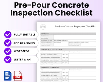May include: A pre-pour concrete inspection checklist template with the title "Pre-Pour Concrete Inspection Checklist" in bold black font. The checklist includes sections for overview, general site preparation, and formwork inspection. The template is fully editable and available in Word/PDF formats.
