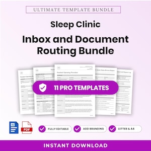 May include: A digital bundle of 11 professional templates for a sleep clinic, including inbox and document routing forms. The documents are displayed with a purple banner stating 11 PRO TEMPLATES, with icons for Word and PDF formats below.