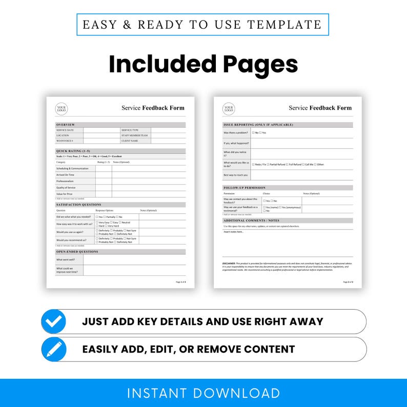 Service Feedback Form Template – Word & PDF, A4 + US Letter - Etsy