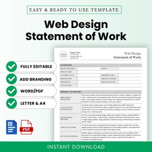 以下が含まれることがあります： Web Design Statement of Workのテンプレート文書。概要とプロジェクトサマリーのセクションがあり、サービス提供者、クライアント、プロジェクト名、日付の入力欄が含まれています。WordとPDF形式のアイコンが表示されています。
