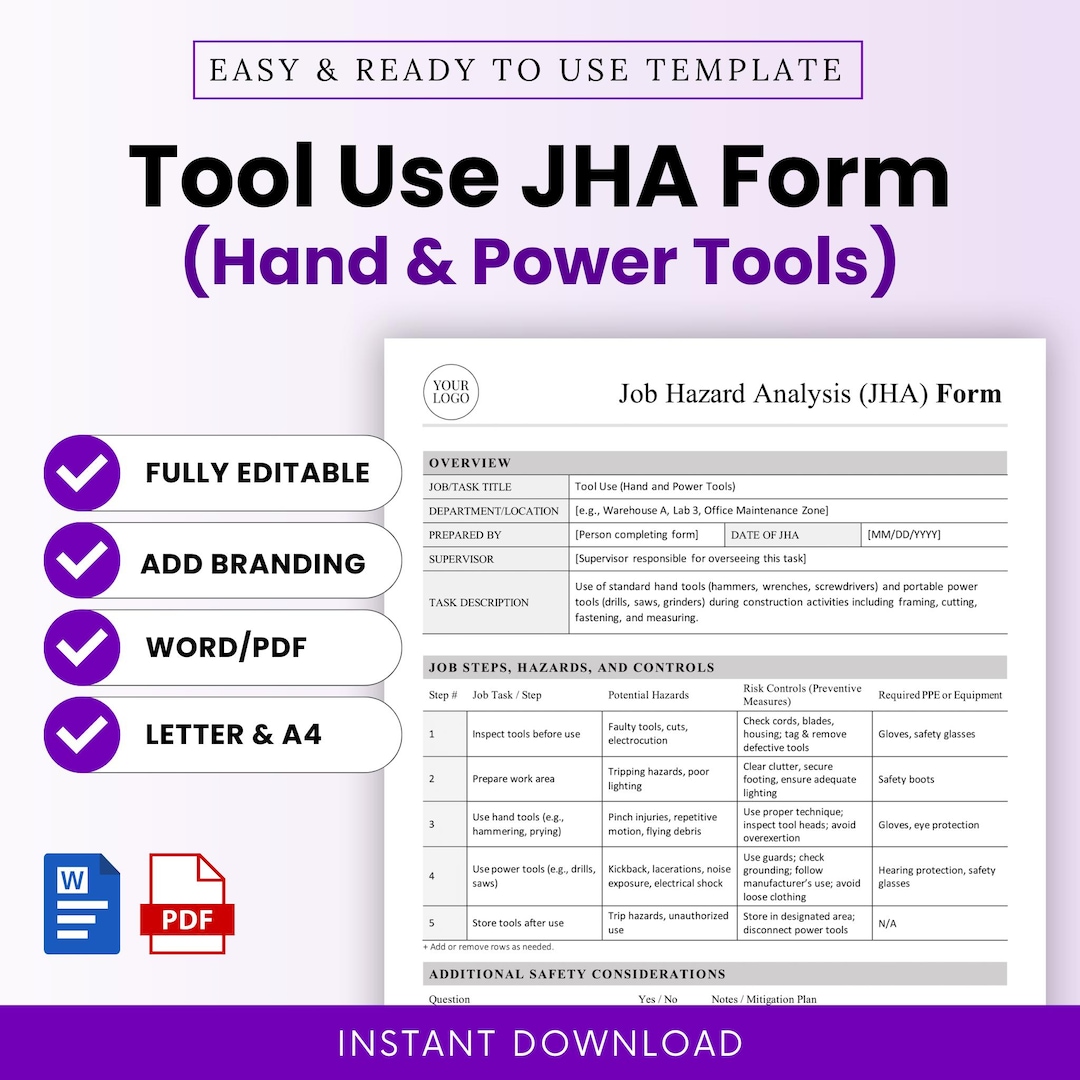 Jha Forms.pdf Tool Use Job Hazard Analysis (JHA) Form Template – Word & PDF, A4 + US ...